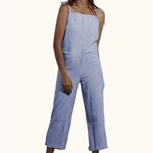 Wide Leg Jumpsuit with Pockets Striped Crew Neck Retro Baggy Overalls MD Cotton